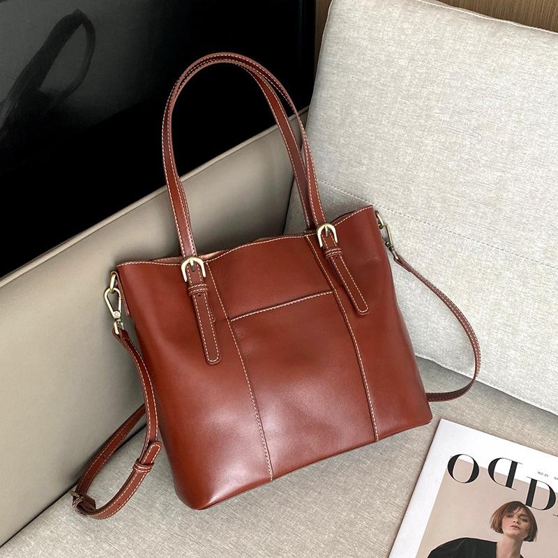 Top layer oil wax cowhide large-capacity design tote bag genuine leather fashion shoulder bag