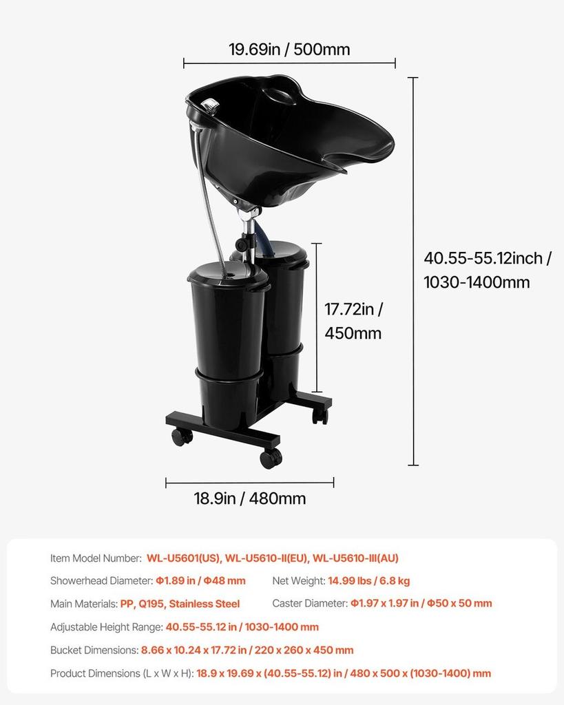 Portable Shampoo Bowl with Drain Hose 2 Buckets Adjustable Height Salon Sink