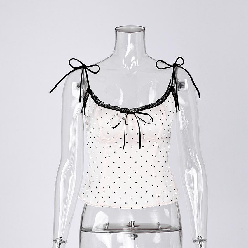 Women Polka Dot Corset Top Lace Trim Tie Shoulder Straps Bustier Slim Fit Satin Camisole Summer Party Clubwear Going Out Crop Top