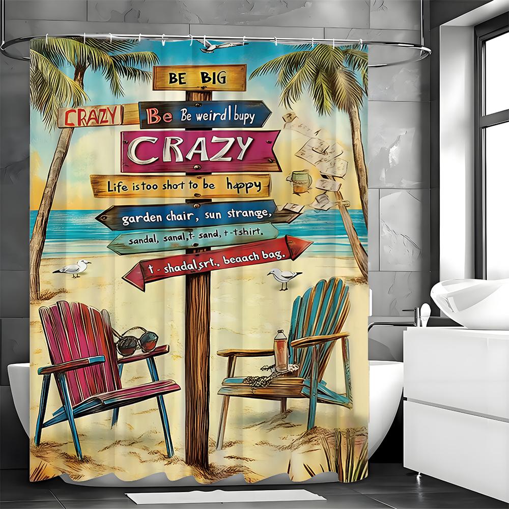

Мультяшный Океан Вывеска Пляжное Кресло Кокосовая Пальма Занавеска для Душа, Декоративная Занавеска для Душа для Ванной Комнаты, Водонепроницаемая Занавеска для Душа с 90*180cm