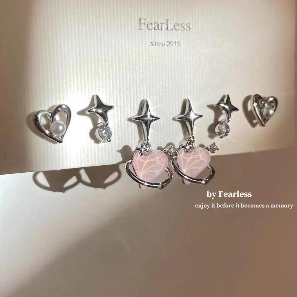 Set de 6 cercei tip stud cu inimioare roz coreene și explozii stelare pentru femei - Modă toamnă/iarnă