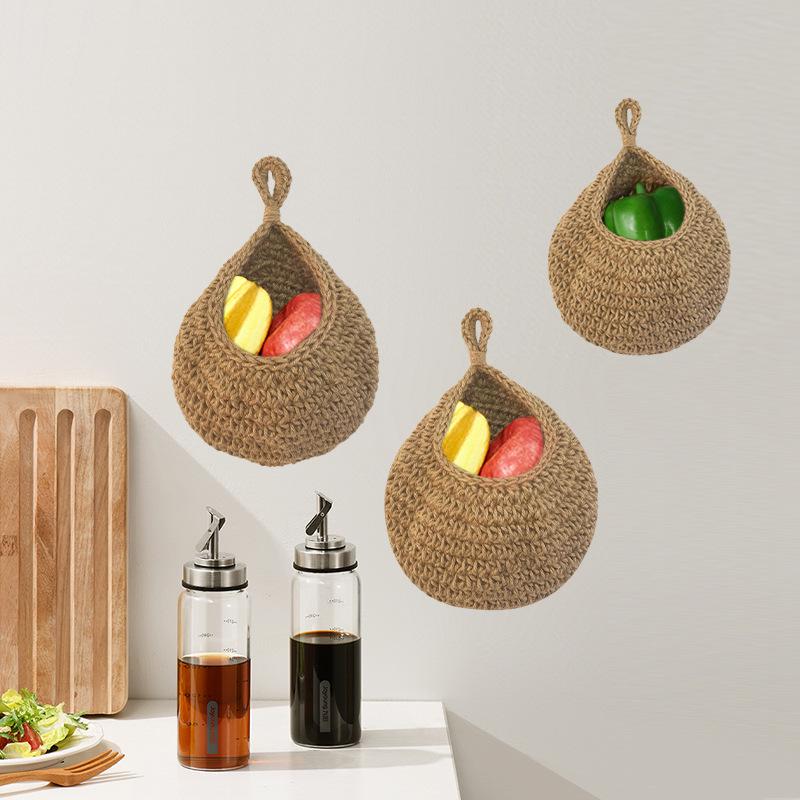 Handwoven Bird's Nest Fruit and Vegetable Storage Net Bag - Water Drop Shape, Ins Style Hanging Tapestry.