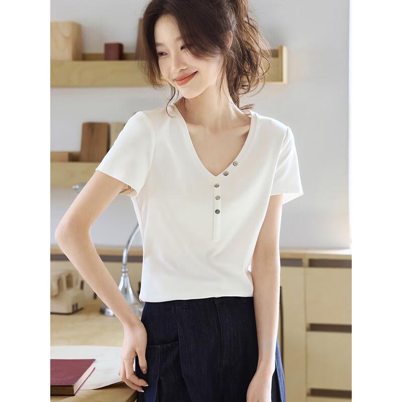 Mohan Yimei Women s V-Neck Short Sleeve Button-Detail Shirt S