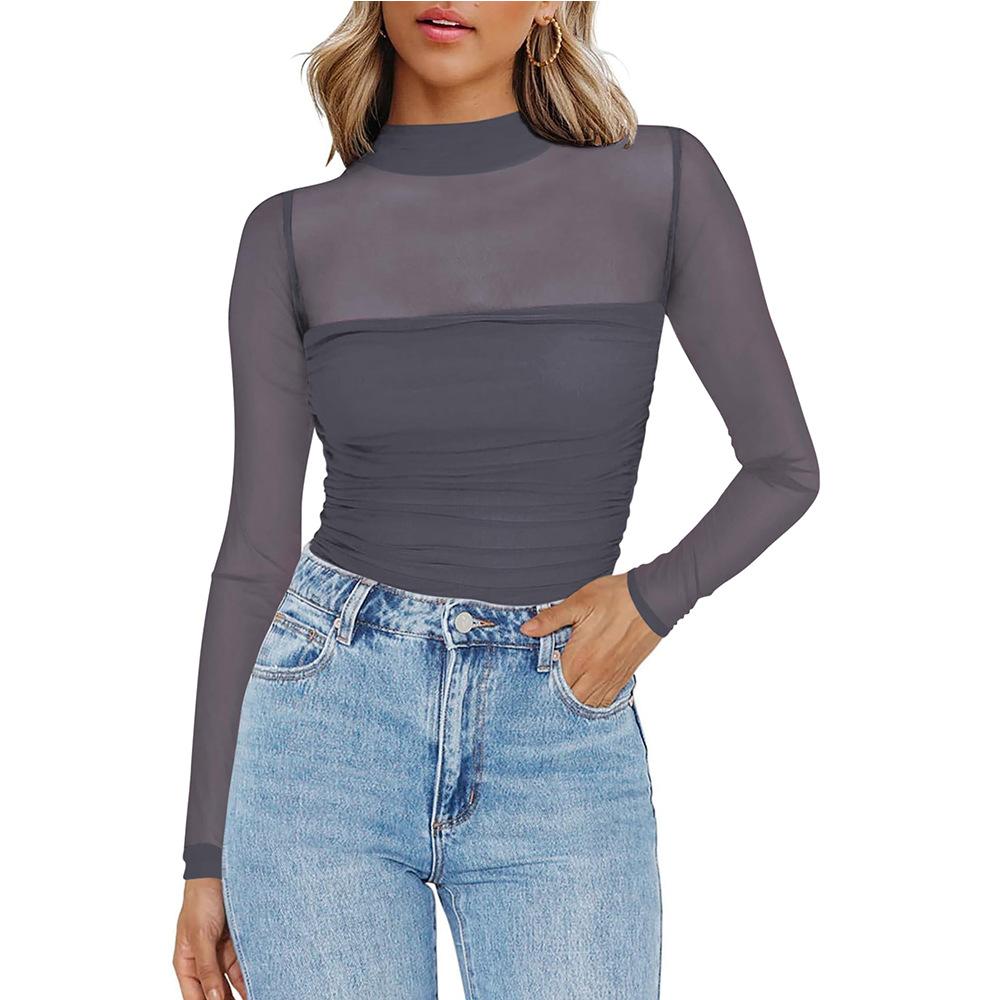Ladies' Semi High Neck See Through Long Sleeved T-shirt with Sexy Mesh Top Shirt