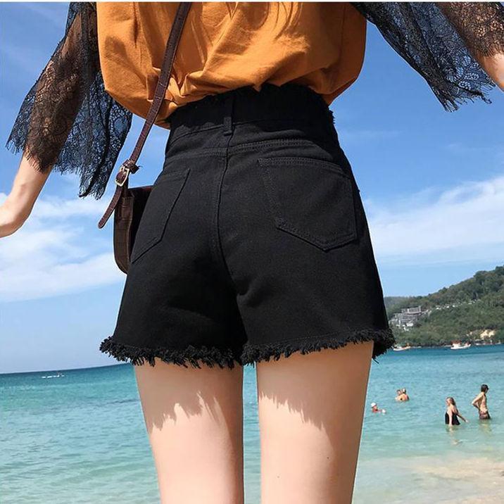 American Spicy Girl Women s Distressed High-Waist Denim Shorts - Spring Style, Elastic Wide-Leg, Slimming A-Line S