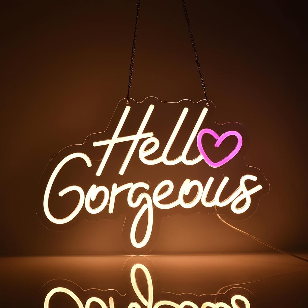 Hello Gorgeous Neon Sign Pink Led Neon Light Letters Heart Decorative Wall Lights for Girls Room Wedding Anniversary Engagement