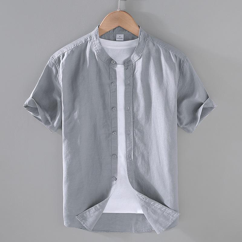 Men s Chinese Style Linen Shirt: Stand Collar, Short Sleeve, Casual Cotton Blend S