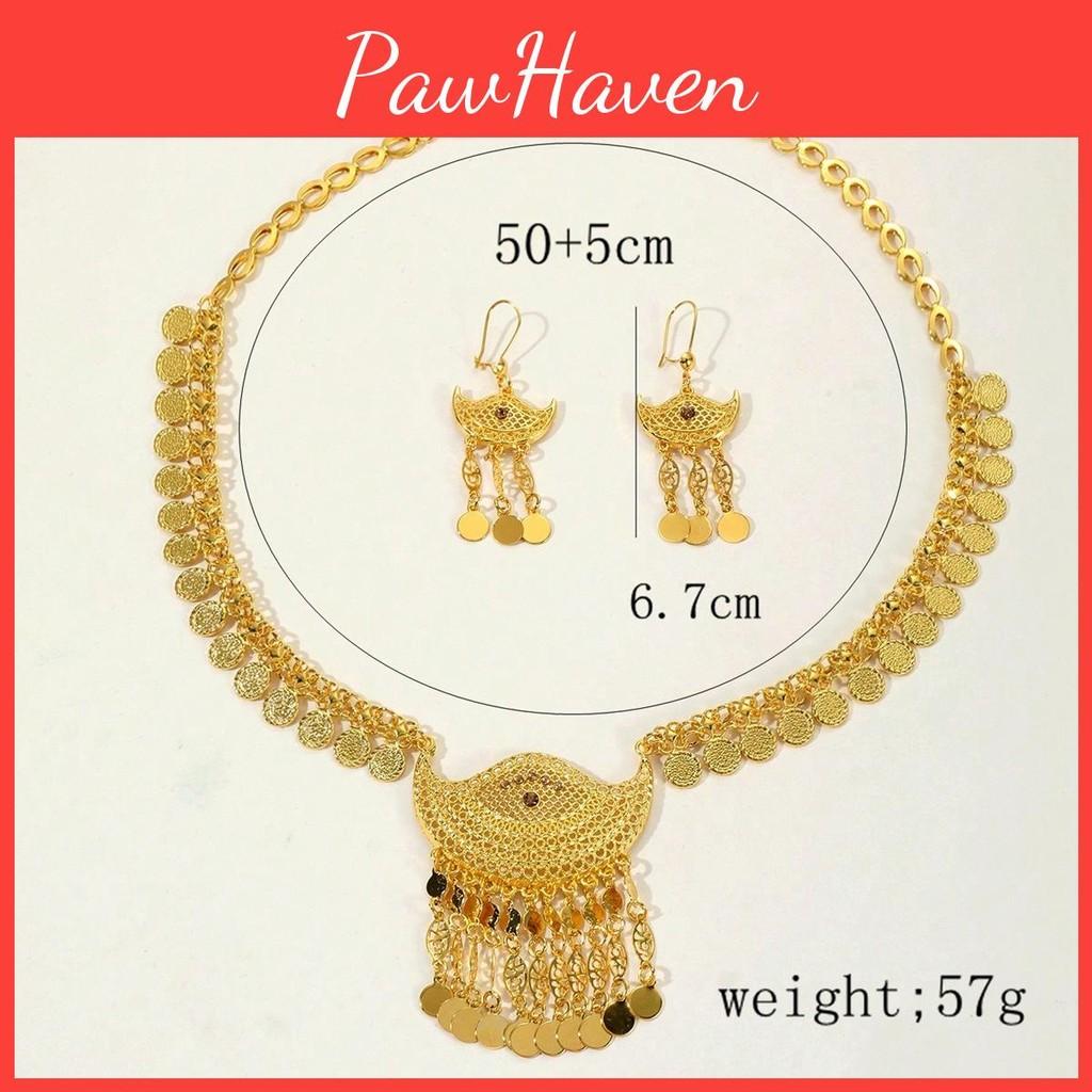 Gold Alloy Trendy Jewelry Collection With Hollow Coin Necklace And Earrings For Wear Casual