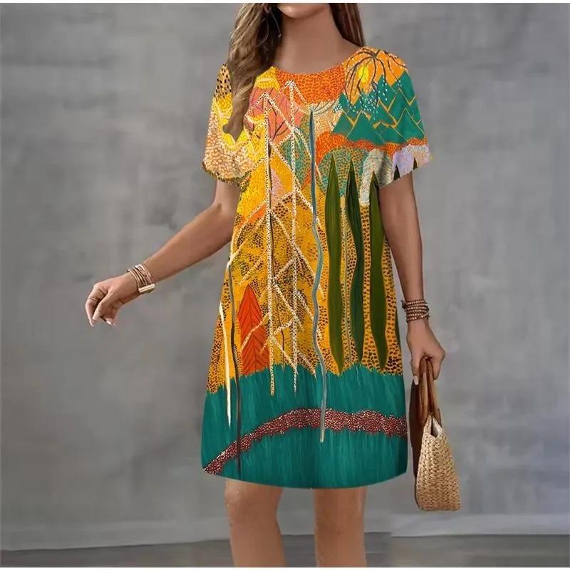 Summer Ladies 3D Printed Short Sleeve Dress Fashion Versatile Trend Breathable Casual
