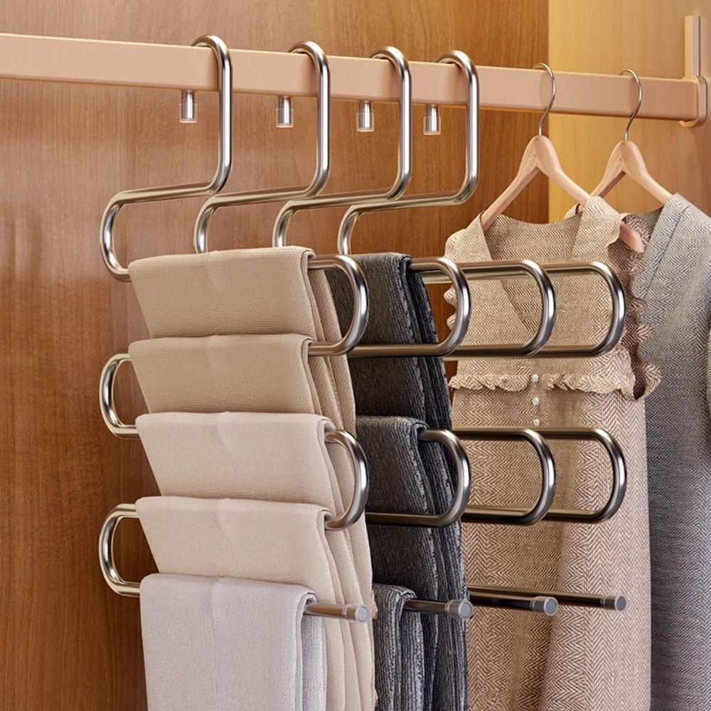 5pcs Five-Layer Pants Rack Stainless Steel Trouser Rack Multi-Layer Hanger Wardrobe Organization