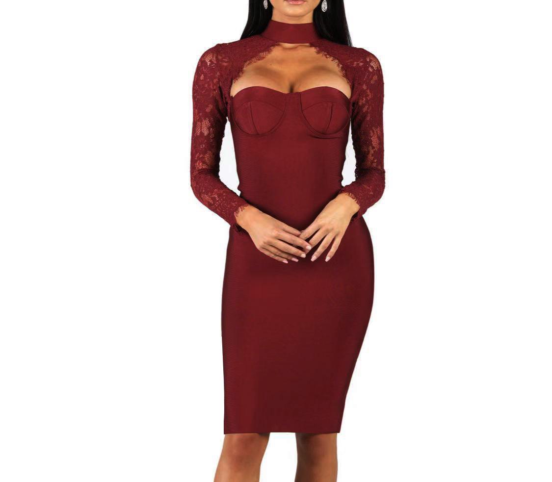 

Элегантное кружевное бандажное платье с длинными рукавами – сексуальный топ-труба с бретелью через шею для банкетов осенью/зимой L вино красного