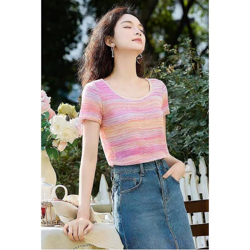 Demana Retro French Style Color-Block Square Neck Knit Top