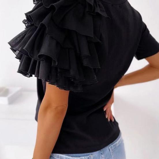 T-shirt damski z okrągłym dekoltem, nierozciągliwy, zapobiegający mechaceniu, z warstwowym falbankowym krótkim rękawem, bluzka odzież damska