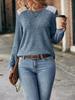 Women Long Sleeve Ribbed Lace Patch Round Neck Casual Top