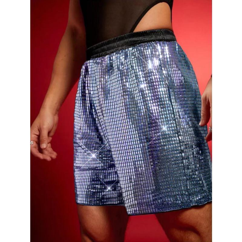 Pantalones Cortos Metálicos de Rejilla con Lentejuelas para Hombre Cintura Alta Elástica Brillo Fiesta Disco •