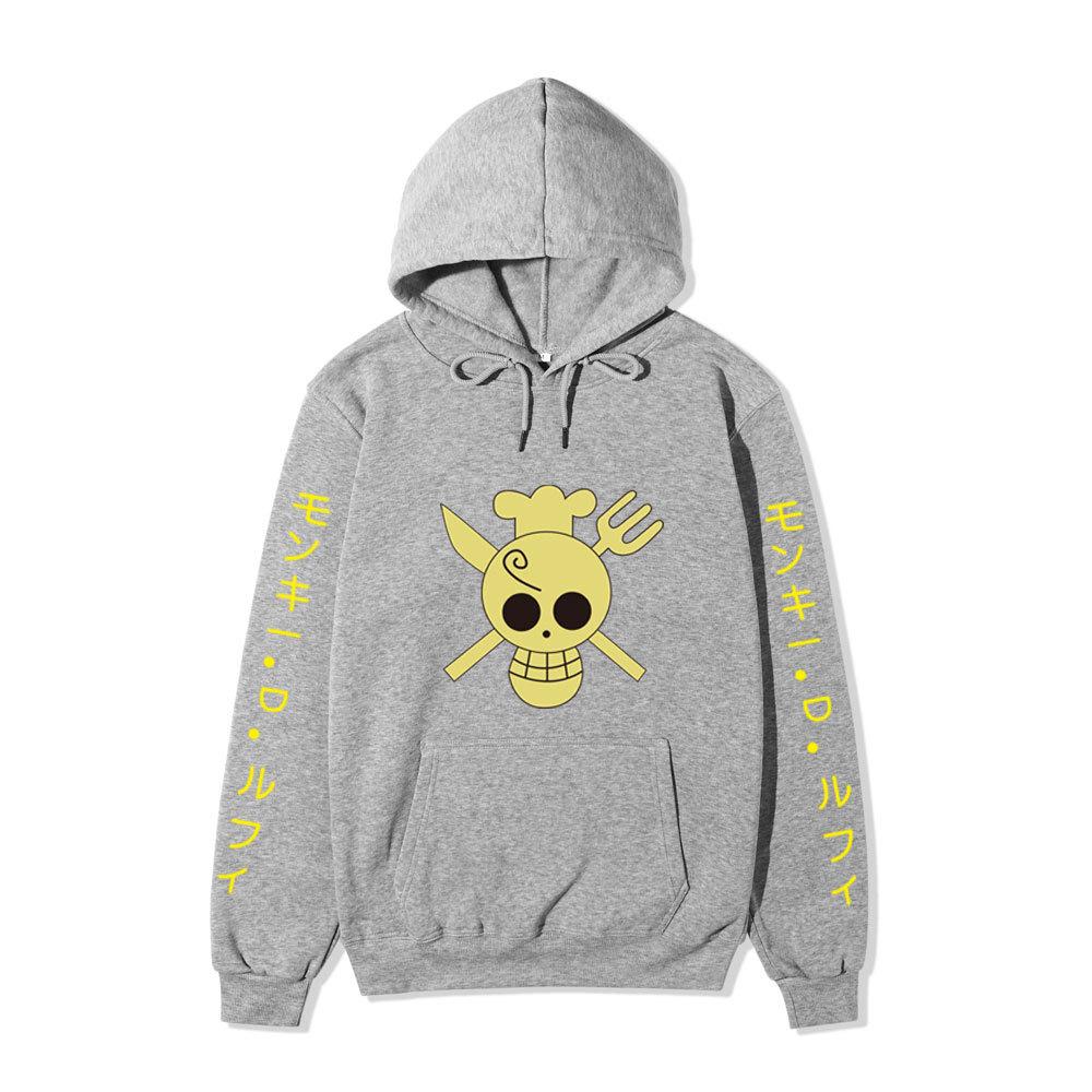 One Piece Sanji Hoodie, Chef Pirate Skull Logo Japanese Letter Sleeve Print Pullover Sweatshirt Unisex Streetwear