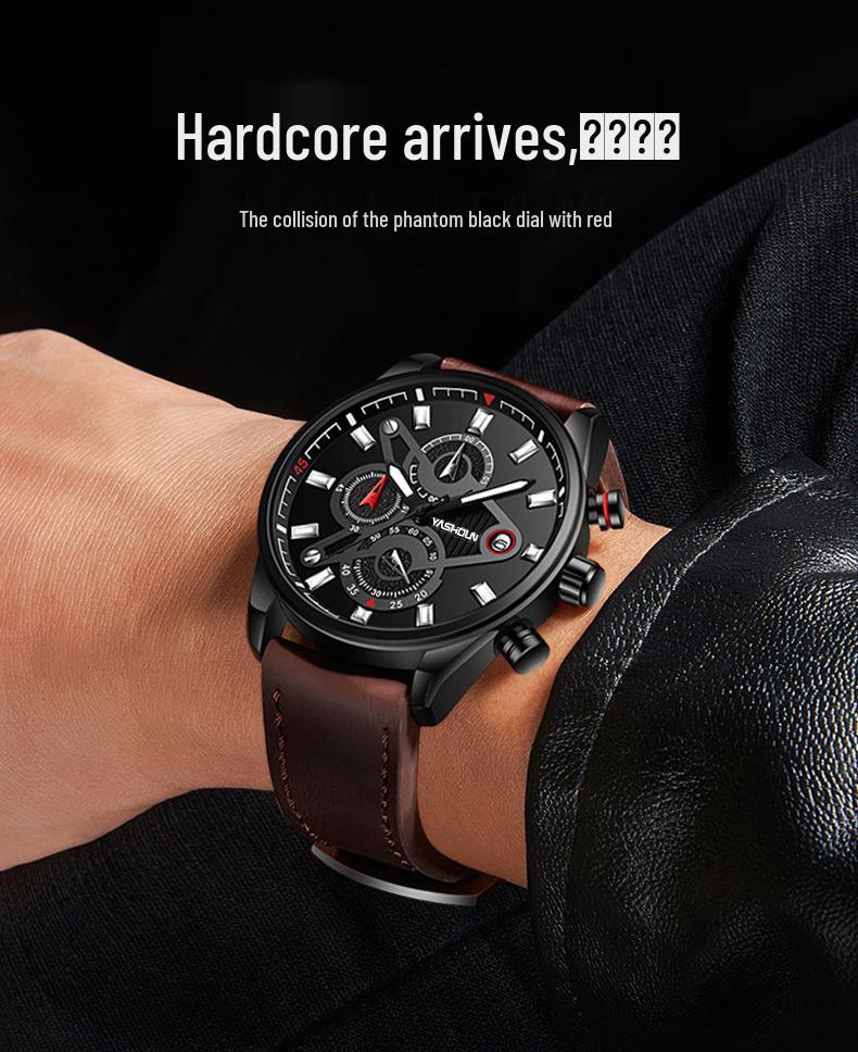 YASHIDUN Men's Multifunctional Luminous Waterproof Leather Watch