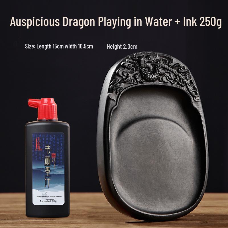 Chengni Inkstone Calligraphy Set: Natural Raw Stone Ink Stick, Duan & She Inkstones, Calligraphy Brush, and Ink Block for Grinding.