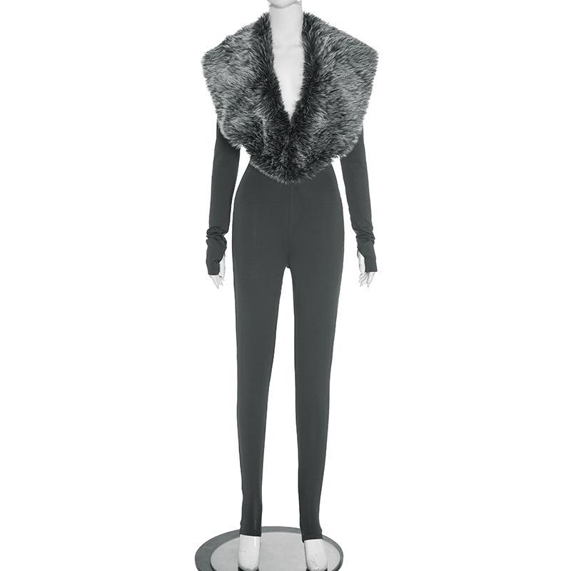 European Fashion Spicy Girl Autumn/Winter 2025 Women's Long Sleeve Fur Bodysuit Tights