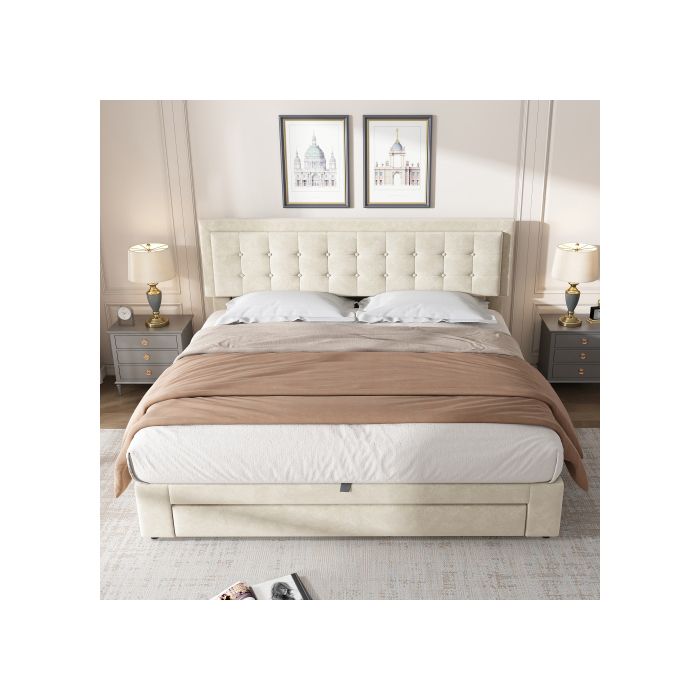 Lit avec coffre et tiroirs - MUVOE - 180 x 200 cm - Tissu velours - Beige - Design contemporain