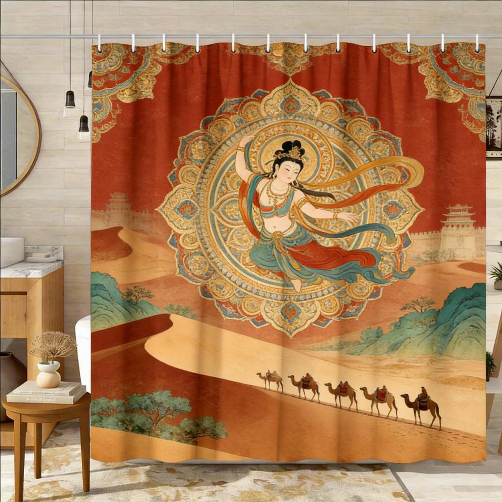 Chinese Landscape Shower Curtain Traditional Pavilion Mountain River Print Polyester Bath Curtain with Hooks for Zen Decor
