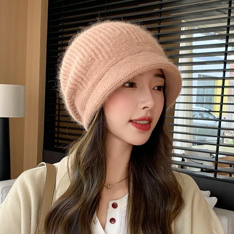 New Hat Women's Winter Knitted Face Small Autumn and Winter Rabbit Fur Warm and Thickened Piled Wool Hat