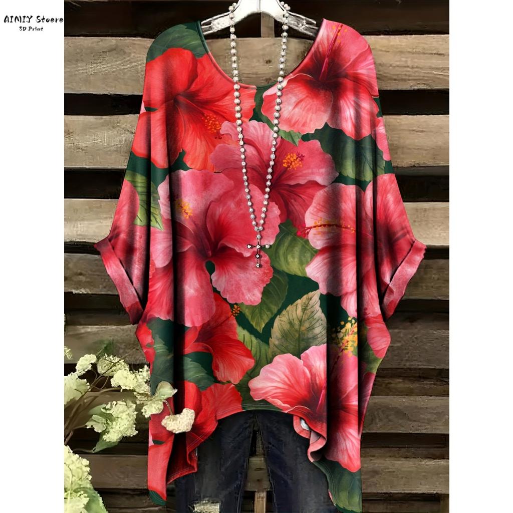 Camiseta Floral Bohemia para Mujer - Elegante Diseño Retro con Vibrante Patrón de Rosas y Hojas Casual Cuello Redondo Lavable a Máquina
