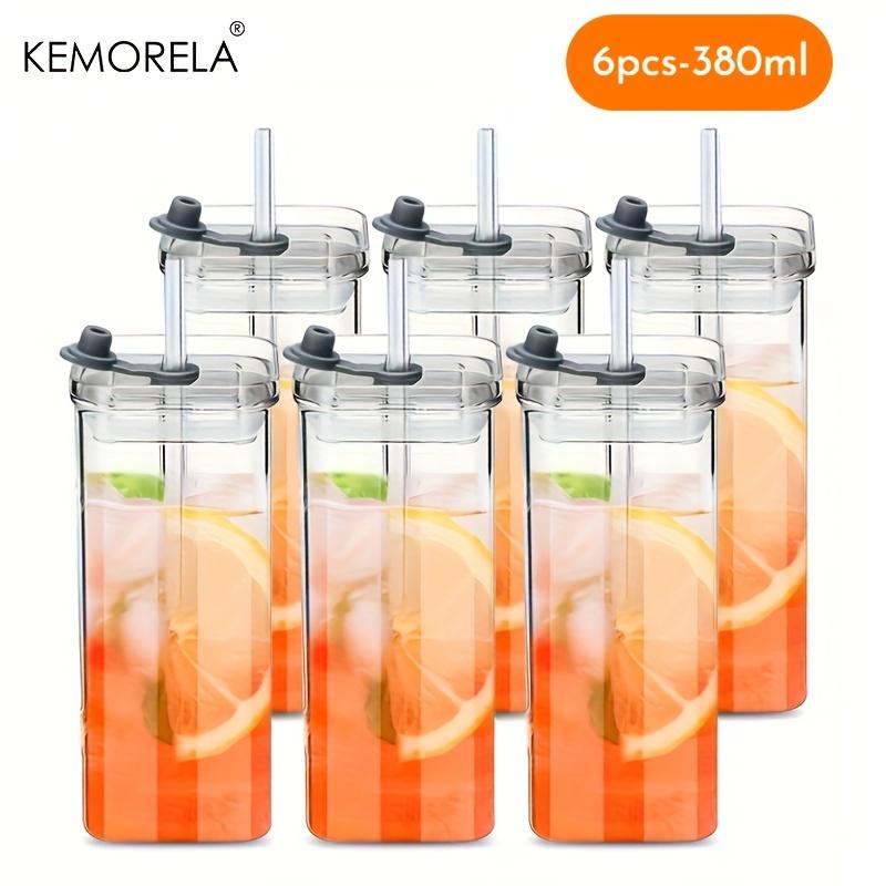 KEMORELA 4/6 ks Přenosné kelímky na pití 380 ml/500 ml Žáruvzdorné sklo s víčkem a brčkem - Odolné pro horké nebo studené nápoje