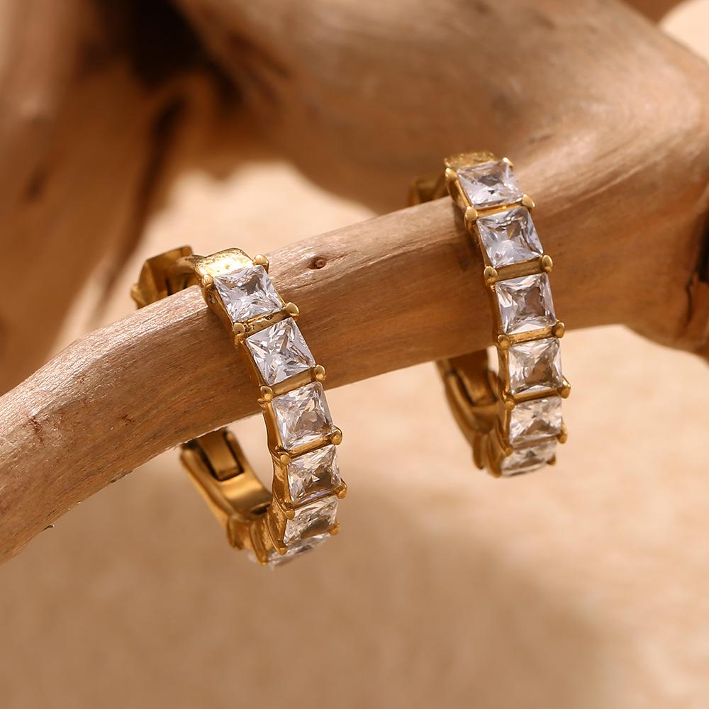 Delicate Square Zircon Hoop Earrings Stainless Steel Gold Color Huggie Ear Buckle Luxury Gold Plated Zircon for Women