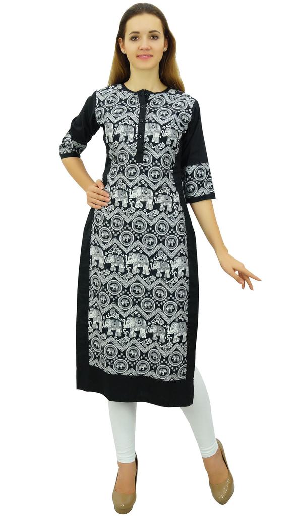 Phagun Women's Designer Straight Black Kurta 3 4 Sleeve Printed Casual