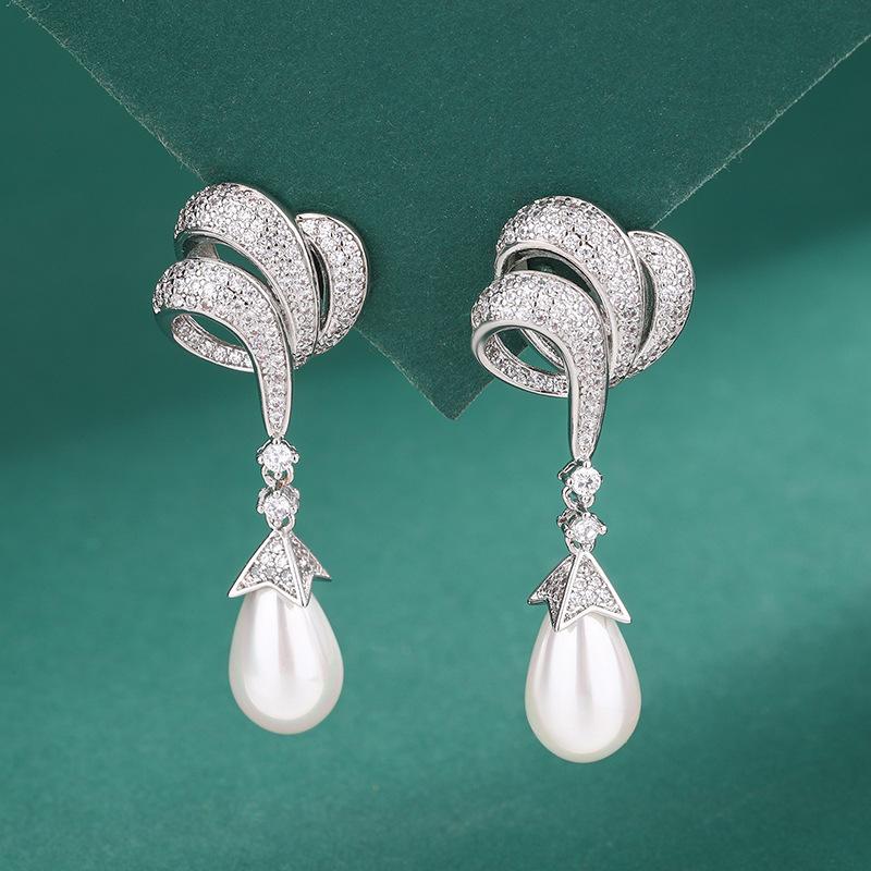 Pearl Set Imitation Pearl Collarbone Chain Bow Double Row Pearl Necklace Women'S Crystal Gemstone Pearl Earrings