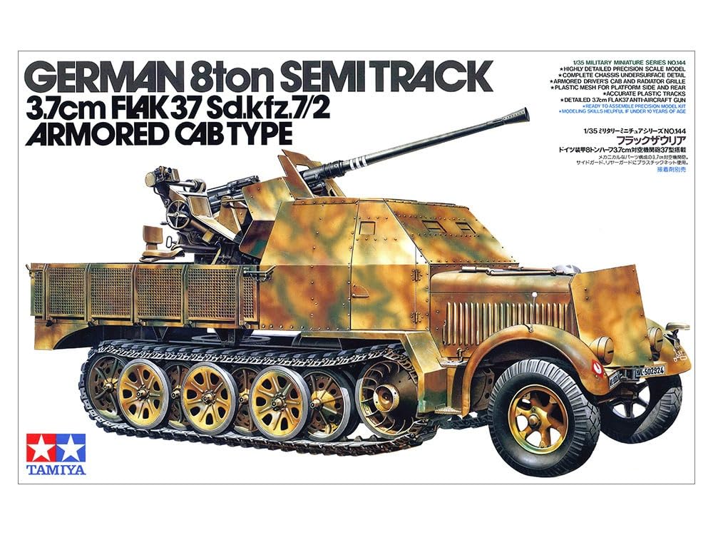 Tamiya Military Miniature Series 144 German Armored with Type 37 Flaksaurier Plastic Model Kit 35144 1/35 No. 8-Ton Half-Panzer 3.7cm Anti-Aircraft