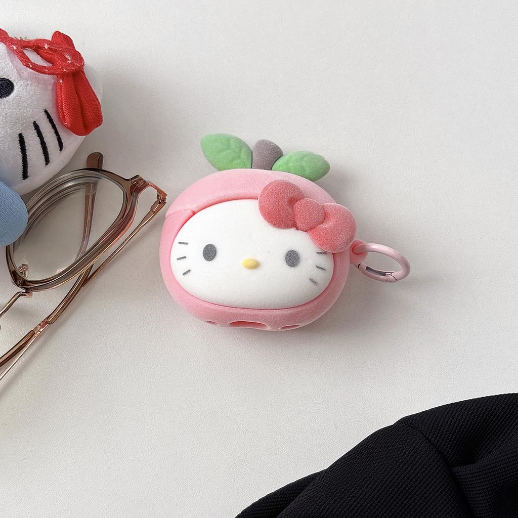 Cute 3D Cartoon Flocked Peach Hello Kitty Earphone Case For Airpods Pro3 Pro2 Pro Airpods 1 2 3 4 Silicone Headphone Cover