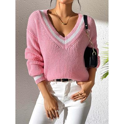 Herbst Winter Frauen Solide V-ausschnitt Streifen Pull Pullover Femme Y2k Langarm Pullover Jersey Tops Mode Kleidung