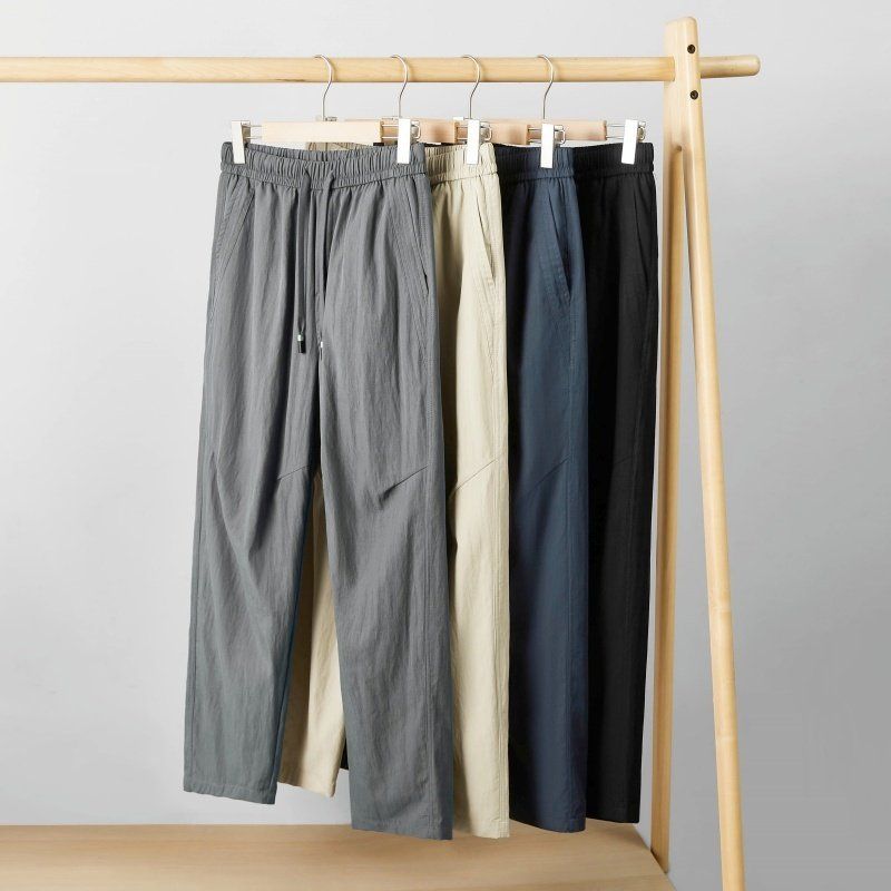 Men's Summer Casual Long Pants with Elastic Waistband and Drawstring, Loose Straight Wide-Leg Design, Made from Lyocell Cotton, Suitable for Export