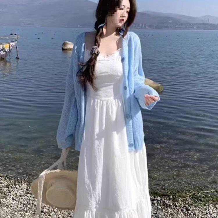 Elegant Plus Size French Summer Dress & Cardigan Set - Long Sleeve, Waist-Cinching, Gentle Style, Slimming.