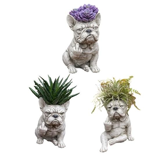 Lustiger Bulldogge Blumentopf Neuheit Mittelfinger Hund Blumenkübel Niedliche Hundegartenstatue für Außen Innen Garten Büro Schreibtisch Dekoration