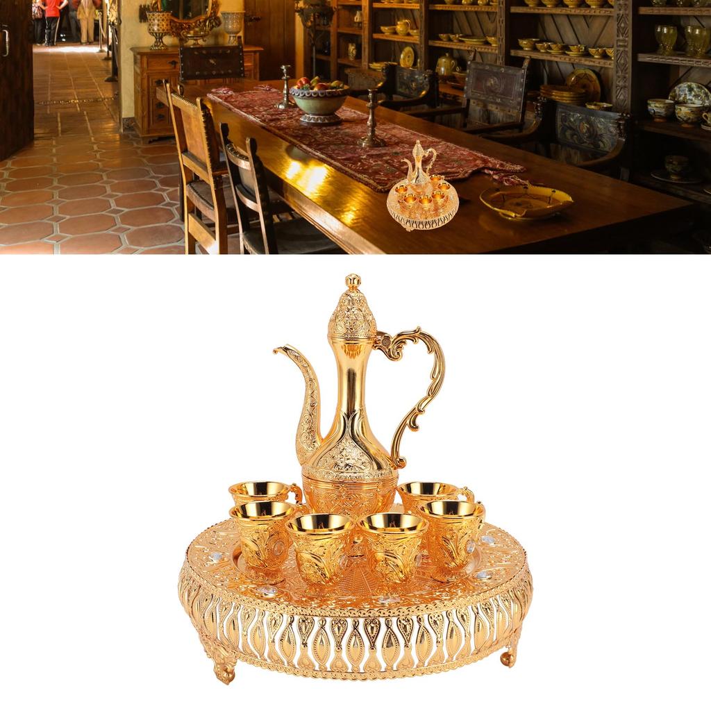 Vintage Wine Pot Set European Retro Coffee Pot Tray Kit Decorative Zinc Alloy Exquisite Carving Wine Cups for Home Party Dinner