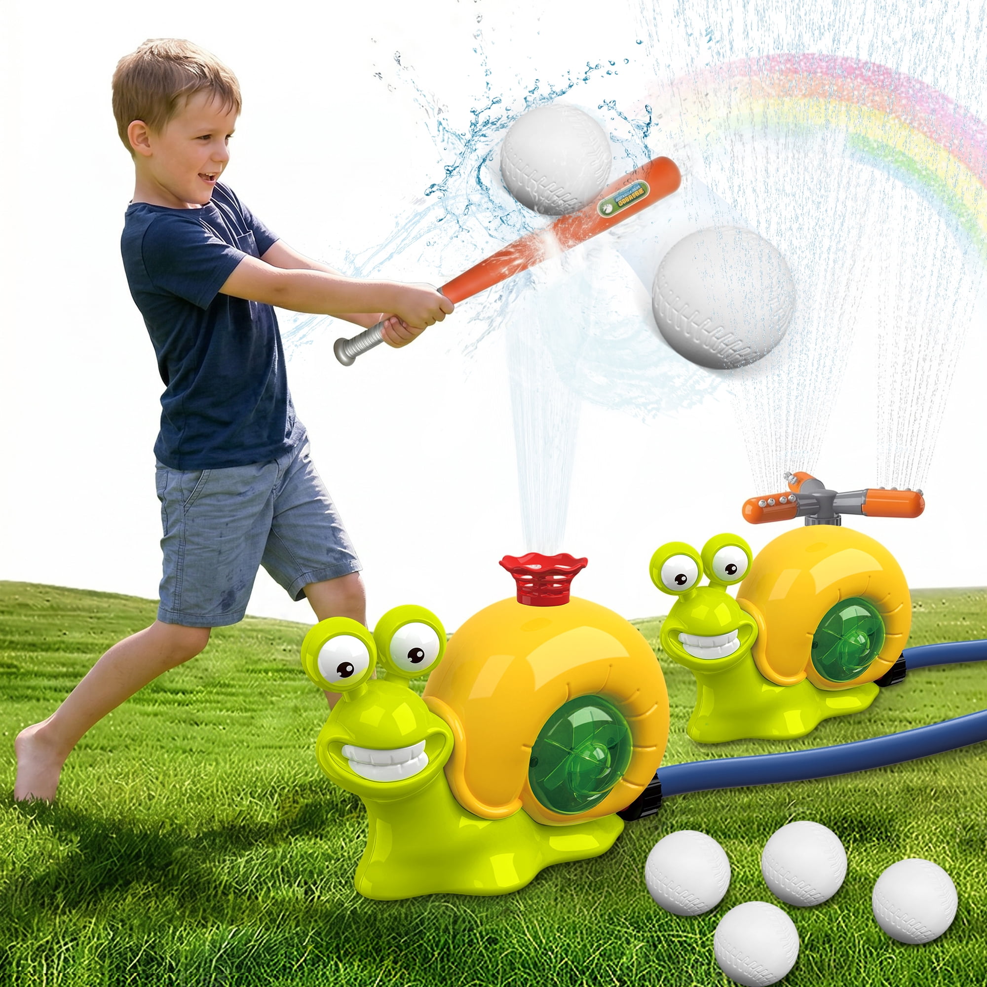 Water Sprinkler Baseball Toy Snail for Kids 3–12, 2 in 1 Outdoor Dual Sprayer Hitting Game with 360° Adjustable Spray, 80–120cm Water Jet