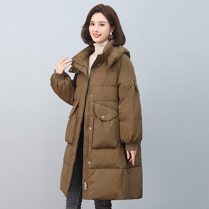 Women's Mid-Length Hooded Down Jacket, 2024 Plus Size Fashion, Warm Winter Coat, White Duck Down