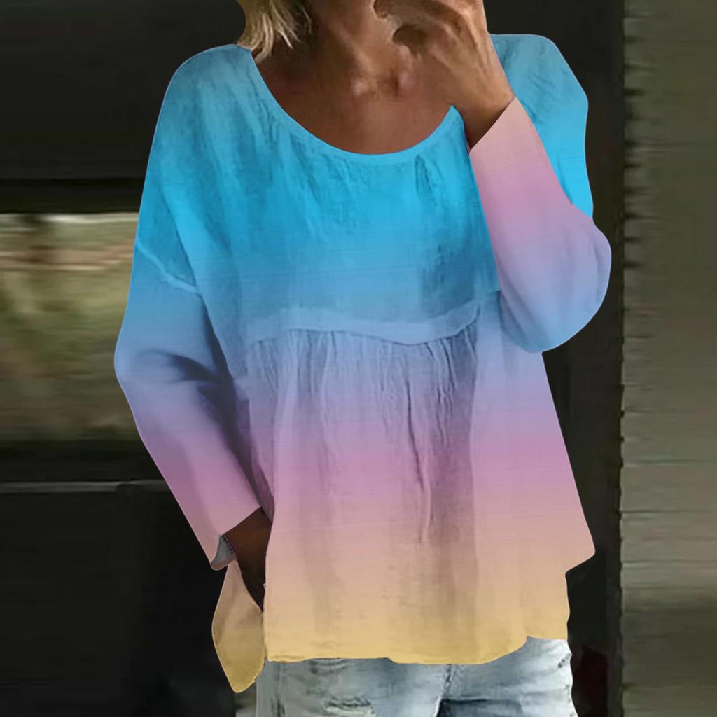 Women's Casual Fashion Loose Round Neck Gradient Print Long Sleeve Top