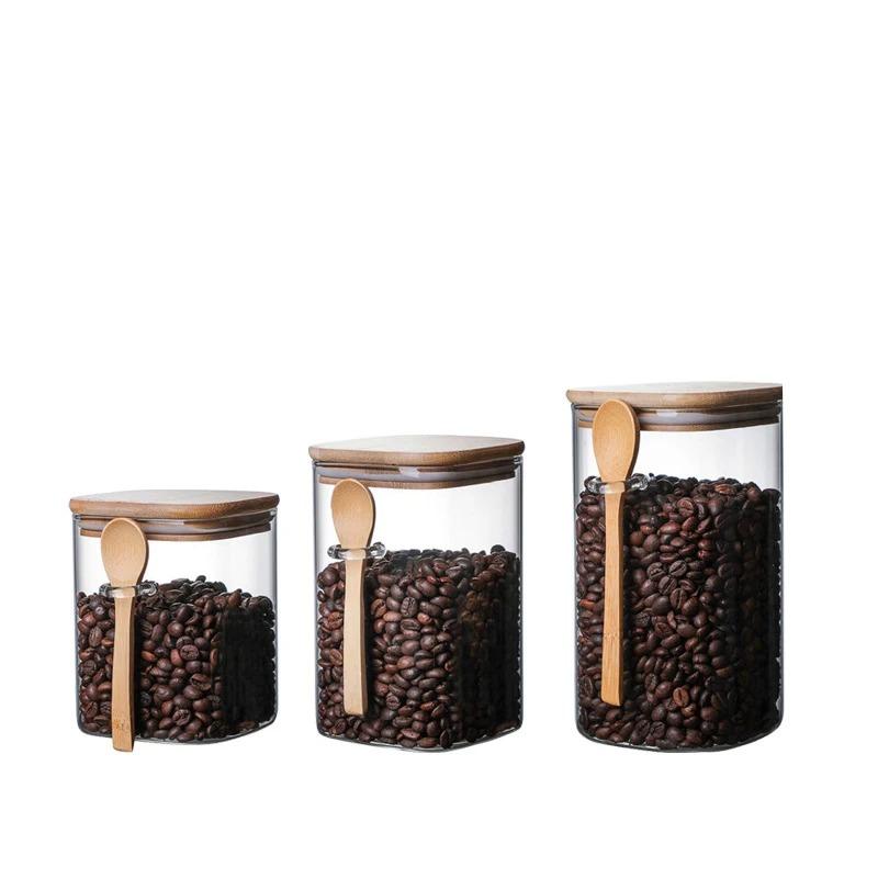 Borcan de Sticlă Pătrat Sigilat 800-1200ml cu Lingură de Lemn Borcan de Sticlă pentru Depozitare Boabe de Cafea Recipient pentru Depozitare Condimente Consumabile de Bucătărie
