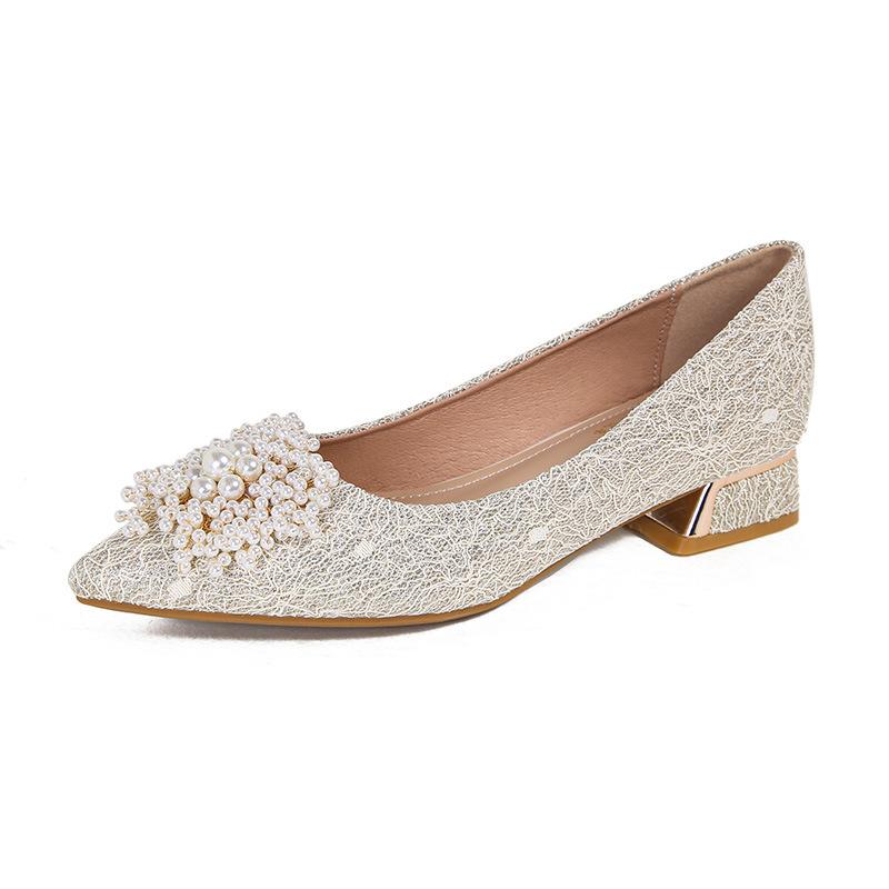 

New Shoes for Women Low Heels Pumps Sweet Pearl High Heels Shoes Girl Pointed Toe Dress Shoes 41