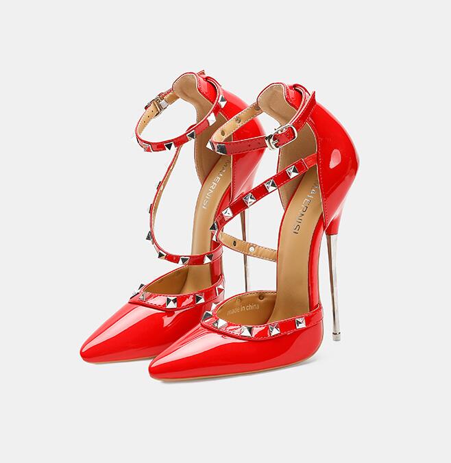 

16cm Extreme Metal High Heels Stilettos Sexy Patent Leathers Women Pumps Fetish Model Men Unisex Shoes Customize 42 червоний