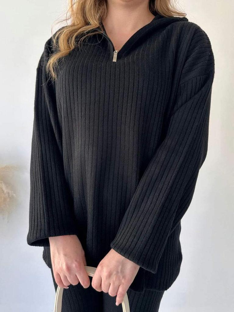 2026 Cross-Border Fall Women's Solid High Neck Ribbed Knitted Two-Piece Loungewear Set with Zipper