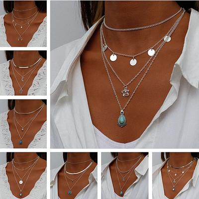 Collares de cadena vintage de múltiples capas con retrato de moneda, luna, mano de Hamsa para mujer, colgantes de corazones y elefantes estilo bohemio, joyería