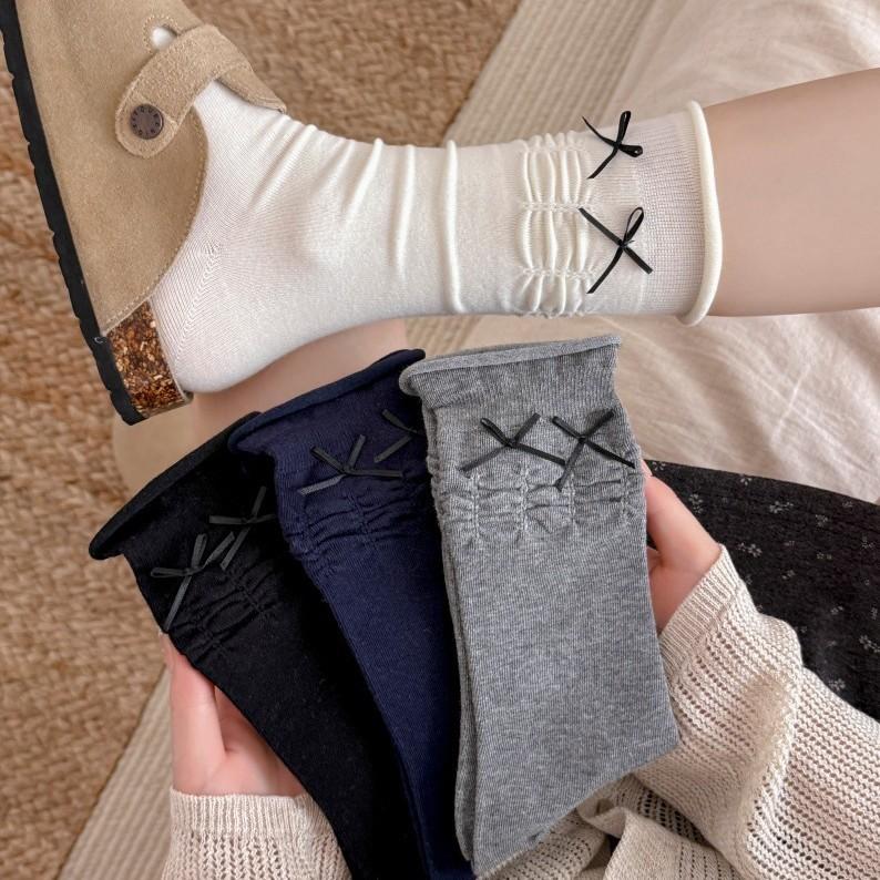 Cake Bubble Mouth Socks for Children, Mid-Calf Length, Solid Color, with Ribbon Knots, Ballet Style, Boneless, Fine Combed Cotton, Layered