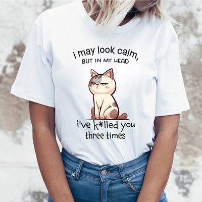 I May Look Calm Cat Letter Printed Women T-Shirts I May Look Calm Cat Short Sleeve Shirts Summer Round Neck Tee Shirt