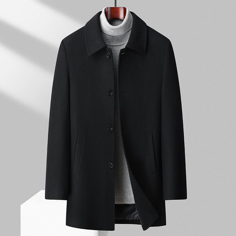 Men's Thickened Woolen Coat with Cotton Padding, Classic Striped Outerwear for Middle-Aged & Elderly, Dad's Style for Autumn/Winter.