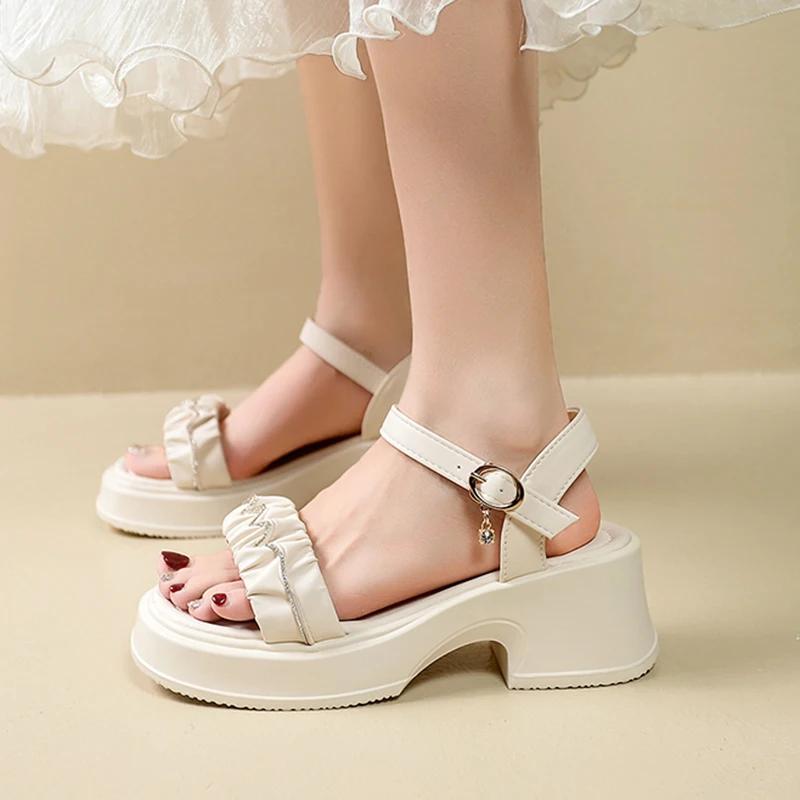 Fashion Pleated Pu Leather Platform Sandles Women 2025 Fashion Crystal Thick Sole Sandals Woman Ankle Strap High Heeled Sandals Female